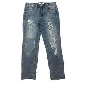 Kancan Womens Denim Jeans Distressed Straight Leg Folded Hem Size 11
